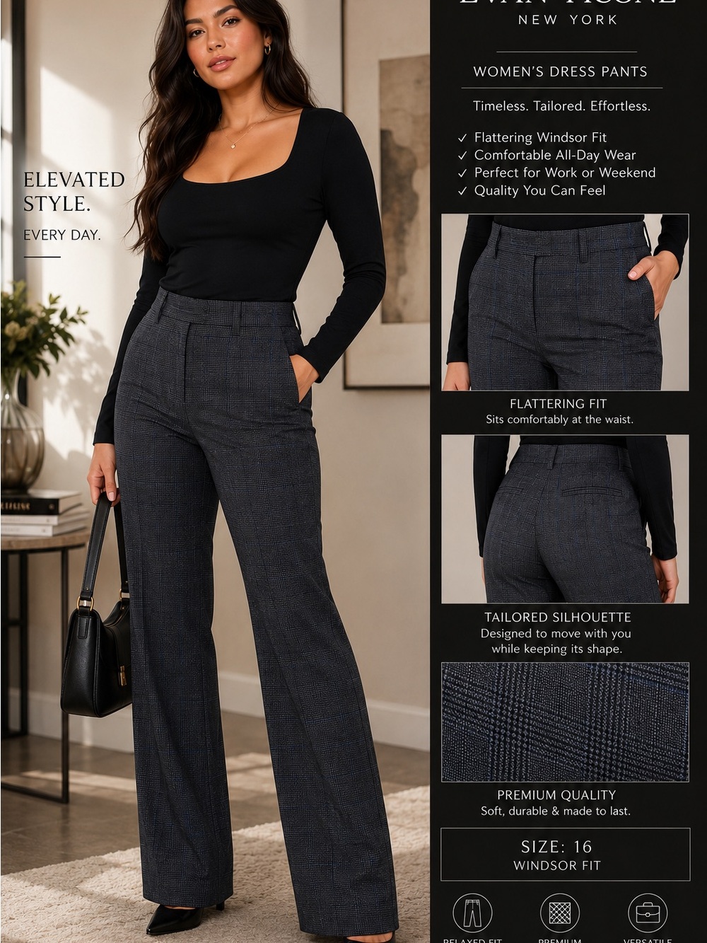 Black Label Women's Wide-Leg Plaid Dress Pants - Charcoal/Black
